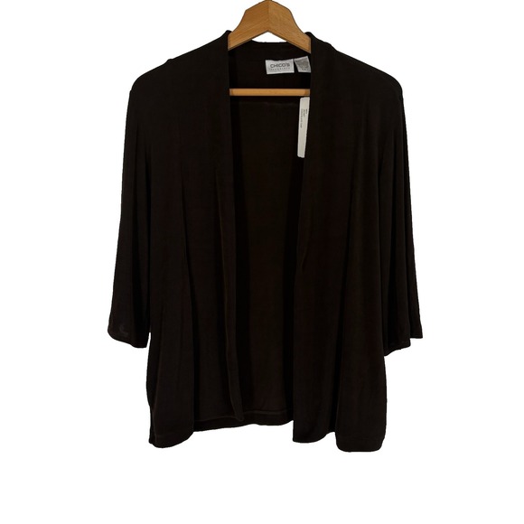 Chico's Sweaters - Chicos Travelers Womens Mea Jacket Medium Chocolate Chip Stretch Open Capsule